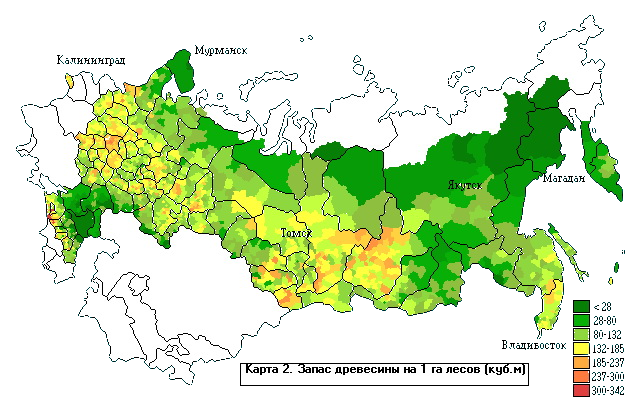Запас древесины на 1 га лесов